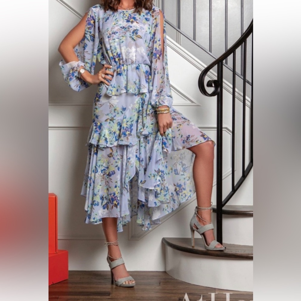 MISA Cascade Floral Ruffle Midi Dress